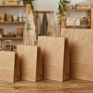 Bolsa Papel Kraft Marrón con Asas Paq. 100 unidades, 15 x 22 x 8 fuelle precio unidad $ 10,90